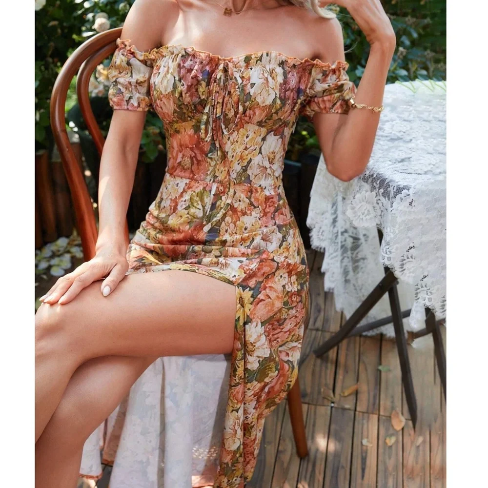 Boho Floral Print Off Shoulder Puff Sleeve Dress - Picture 4 of 9